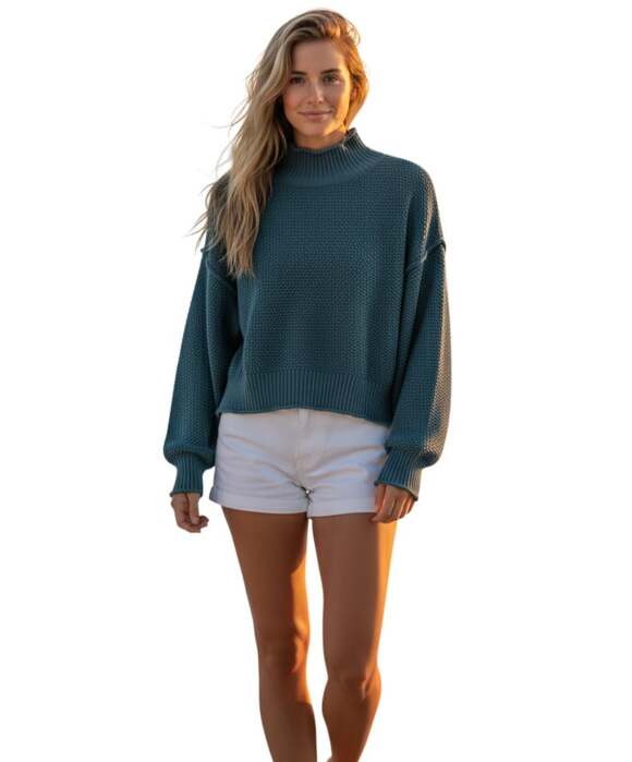 Free People Sweaters - FP Beach Free People Teal Blue Chunky Knit Mock Neck Cropped Sweater Size S